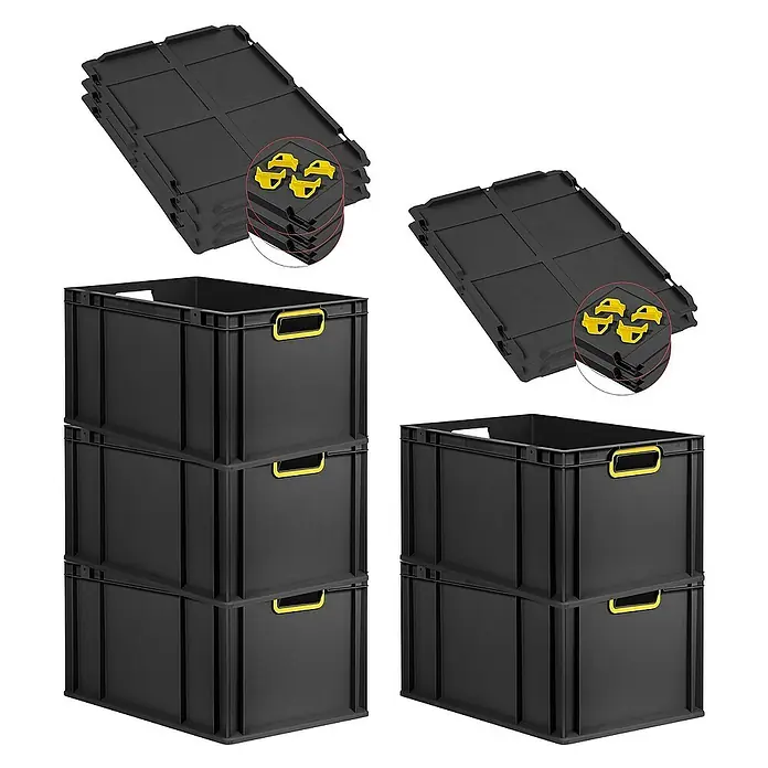 Proregal Euroboxen-Set 5x Eurobox NextGen Color mit Auflagedeckel und Schiebeschnappverschlüsse - L x B x H: 60 x 40 x 32 cm, Kunststoff, Schwarz, Gelb, 5 Stk. - Schwarze Lagerkisten mit gelben Griffen und Deckeln. Ideal für Ordnung und Lagerung.