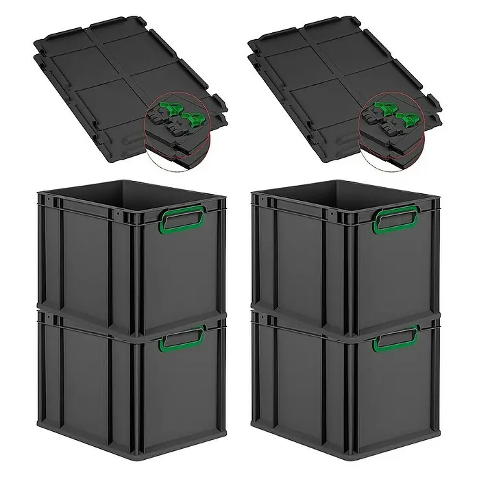 Proregal Euroboxen-Set 4x Eurobox NextGen Color mit Scharnierdeckel und Verschlüssen - Kunststoff, Schwarz, Grün, 4 Stk. - Das Bild zeigt zwei Stapel grauer Kunststoffboxen mit grünen Griffen und zwei graue Kunststoffdeckel mit grünen Verschlüssen.