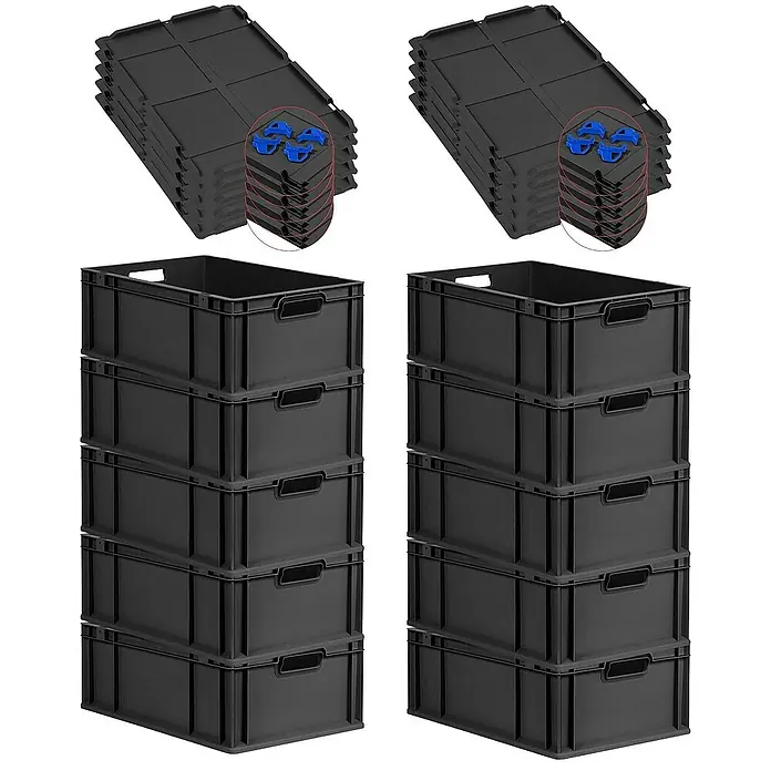 Proregal Euroboxen-Set 10x Eurobox NextGen Grip mit Auflagedeckel inkl. 4 blauen Verschlüssen - L x B x H: 60 x 40 x 22 cm, Kunststoff, Schwarz, 10 Stk. - Schwarze Lagerboxen mit Deckel, perfekt für die Organisation.