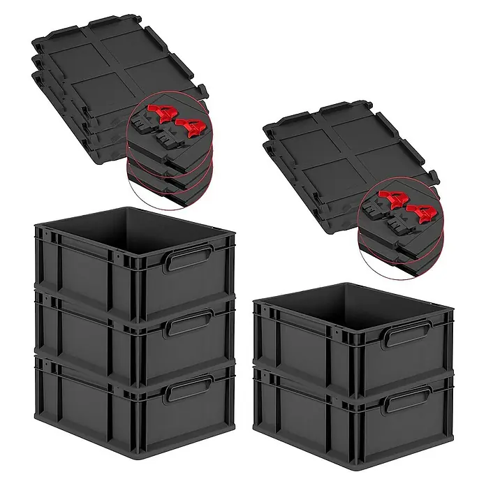 Proregal Euroboxen-Set 5x Eurobox NextGen Grip mit Scharnierdeckel und roten Verschlüssen - L x B x H: 40 x 30 x 17 cm, Kunststoff, Schwarz, 5 Stk. - Das Bild zeigt graue Lagerboxen mit Deckeln und roten Verschlüssen, gestapelt und zur Aufbewahrung präsentiert.