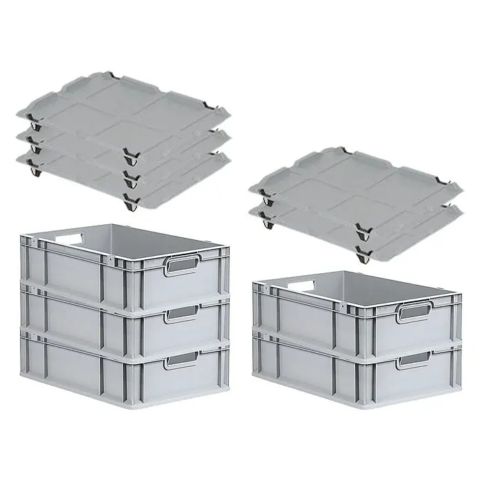 Proregal Euroboxen-Set 5x Eurobox NextGen Economy mit Auflagedeckel und 4x Verschlüsse Schwarz - Kunststoff, Grau, 5 Stk. - Graue Kunststoffbehälter mit Griffen und graue Rollbretter. Diese stapelbaren Behälter und Rollbretter sind ideal für Lager und Transport.