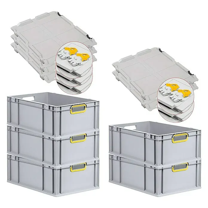 Proregal Euroboxen-Set 5x Eurobox NextGen Color mit Scharnierdeckel und Verschlüssen - L x B x H: 60 x 40 x 22 cm, Kunststoff, Grau, Gelb, 5 Stk. - Graue Kunststoffbehälter und zugehörige Deckel, ideal für Lagerung und Transport, robust und stapelbar. Praktische Helfer für Ordnung und Organisation.