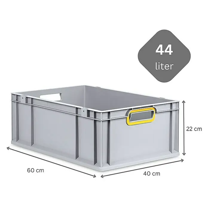 Proregal Euroboxen-Set 5x Eurobox NextGen Color mit Scharnierdeckel und Verschlüssen - L x B x H: 60 x 40 x 22 cm, Kunststoff, Grau, Gelb, 5 Stk. - Graue Kunststoffbox mit gelben Griffen und den Maßen 60x40x22 cm, Fassungsvermögen 44 Liter.