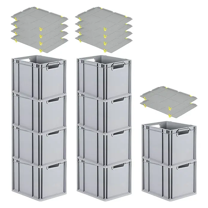 Proregal Euroboxen-Set 10x Eurobox NextGen Economy mit Auflagedeckel und 4x Verschlüsse Gelb - Kunststoff, Grau, 10 Stk. - Graue Euroboxen und Deckel im Stapel. Die Euroboxen bieten eine robuste Lösung für Lagerung und Transport.