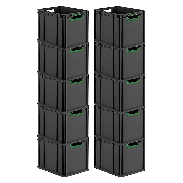 Proregal Euroboxen-Set 10x Eurobox NextGen Color - Kunststoff, Schwarz, Grün, 10 Stk. - Zwei Stapel grauer Kunststoffbehälter mit grünen Griffen, jeweils fünf Boxen hoch. Praktisch für Lagerung und Transport.