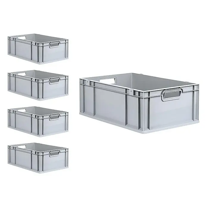 Proregal Euroboxen-Set 5x Eurobox NextGen Economy mit Scharnierdeckel und blauen Verschlüssen - L x B x H: 60 x 40 x 22 cm, Kunststoff, Grau, 5 Stk. - Graue Kunststoffbehälter im Lager. Diese robusten Kisten sind ideal für die Organisation und Aufbewahrung verschiedener Gegenstände.