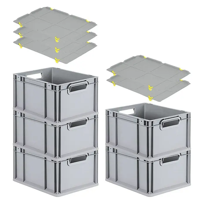 Proregal Euroboxen-Set 5x Eurobox NextGen Grip mit Auflagedeckel inkl. 4 gelben Verschlüssen - L x B x H: 40 x 30 x 22 cm, Kunststoff, Grau, 5 Stk. - Graue Kunststoffboxen mit Deckeln. Die Boxen sind stapelbar und ideal für Lagerung und Transport.