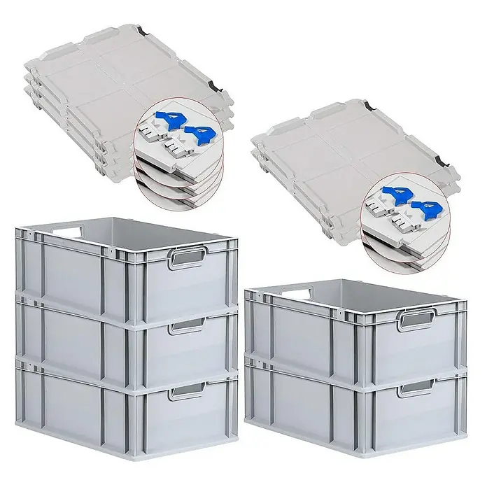 Proregal Euroboxen-Set 5x Eurobox NextGen Economy mit Scharnierdeckel und blauen Verschlüssen - L x B x H: 60 x 40 x 22 cm, Kunststoff, Grau, 5 Stk. - Bild von grauen Kunststoffbehältern und Deckeln. Die Behälter sind gestapelt und die Deckel liegen separat.