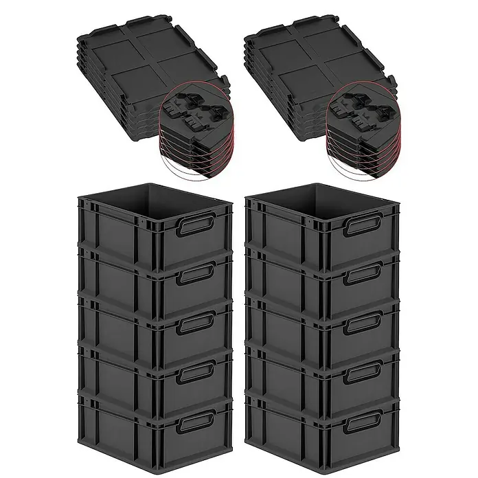 Proregal Euroboxen-Set 10x Eurobox NextGen Color mit Scharnierdeckel und Verschlüssen - L x B x H: 40 x 30 x 17 cm, Kunststoff, Schwarz, Schwarz, 10 Stk. - Abbildung von stapelbaren, schwarzen Aufbewahrungsboxen und passenden Deckeln. Ideal für Lagerung und Ordnung.