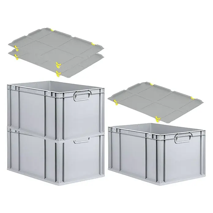 Proregal Euroboxen-Set 3x Eurobox NextGen Grip mit Auflagedeckel inkl. 4 gelben Verschlüssen - L x B x H: 60 x 40 x 32 cm, Kunststoff, Grau, 3 Stk. - Graue Kunststoffbehälter mit passenden Deckeln. Stapelbare Kisten für Lagerung und Transport, ideal für Industrie und Gewerbe.