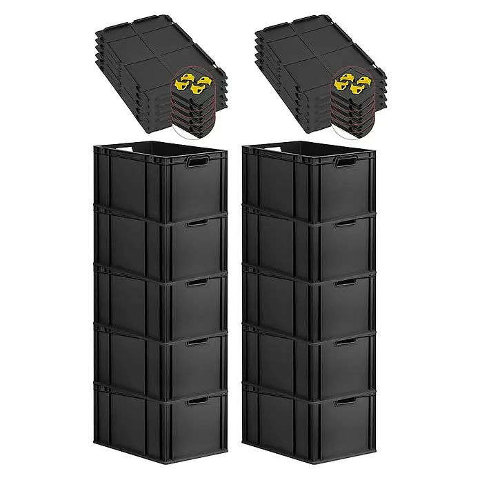 Proregal Euroboxen-Set 10x Eurobox NextGen Grip mit Auflagedeckel inkl. 4 gelben Verschlüssen - L x B x H: 60 x 40 x 32 cm, Kunststoff, Schwarz, 10 Stk. - Schwarze Kunststoffboxen und Deckel gestapelt, ideal für Lagerung und Organisation. Robuste Bauweise für vielseitige Anwendungen.