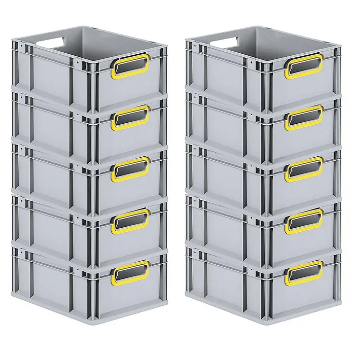 Proregal Euroboxen-Set 10x Eurobox NextGen Color - L x B x H: 40 x 30 x 17 cm, Kunststoff, Grau, Gelb, 10 Stk. - Zwei Stapel grauer Kunststoffbehälter mit gelben Griffen, ideal für Lagerung und Organisation.