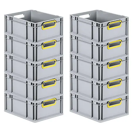 SuperSparSet 10x Eurobox NextGen Color | HxBxT 17x30x40cm | 16 Liter | Griffe gelb offen | Glatter Boden | Grau | Eurobehälter, Transportbox, Transportbehälter, Stapelbehälter