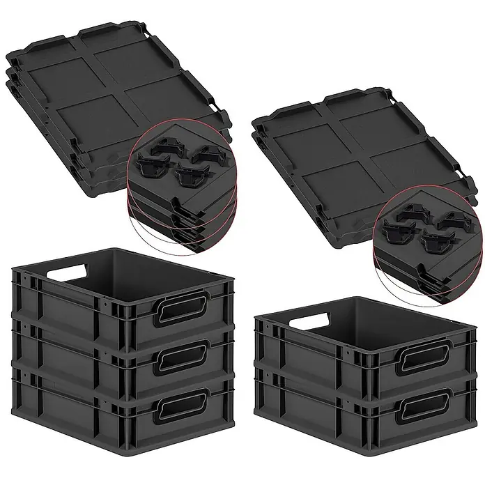SparSet 5x Eurobox NextGen Color mit Auflagedeckel und Schiebeschnappverschlüsse | HxBxT 12x30x40cm | 11 Liter | Schwarz | Griffe schwarz offen | Glatter Boden | Eurobehälter, Transportbox, Transportbehälter, Stapelbehälter -  - Stapelbare Aufbewahrungsboxen und passende Deckel für eine platzsparende Lagerung, ideal für Ordnung im Haushalt oder im Büro.