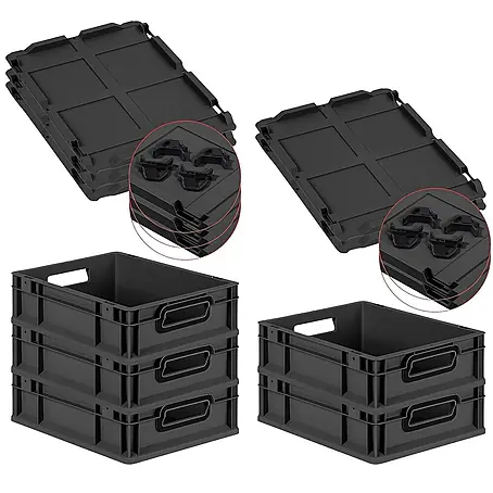 SparSet 5x Eurobox NextGen Color mit Auflagedeckel und Schiebeschnappverschlüsse | HxBxT 12x30x40cm | 11 Liter | Schwarz | Griffe schwarz offen | Glatter Boden | Eurobehälter, Transportbox, Transportbehälter, Stapelbehälter