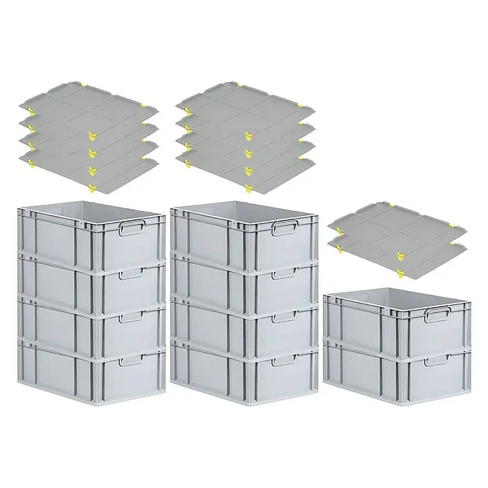 Proregal Euroboxen-Set 10x Eurobox NextGen Economy mit Auflagedeckel und 4x Verschlüsse Gelb - L x B x H: 60 x 40 x 22 cm, Kunststoff, Grau, 10 Stk. - Ein Arrangement mit grauen Kunststoffboxen und passenden Deckeln, die für Lagerung und Organisation konzipiert sind. Die Boxen sind stapelbar.