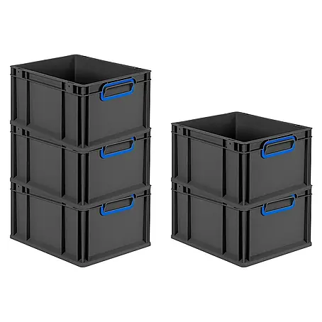 SparSet 5x Eurobox NextGen Color | HxBxT 22x30x40cm | 20 Liter | Griffe blau geschlossen | Schwarz | Eurobehälter, Transportbox, Transportbehälter, Stapelbehälter