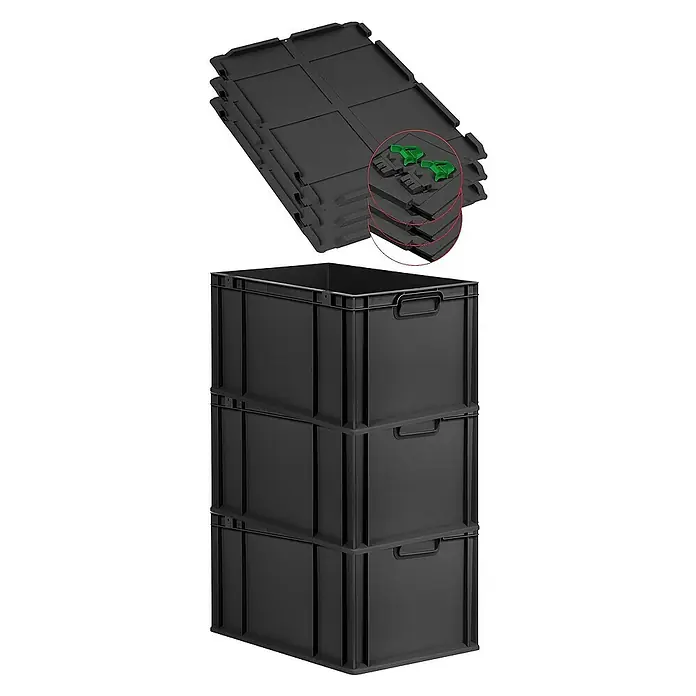 SuperSparSet 3x Eurobox NextGen Grip mit Scharnierdeckel und grünen Schiebeschnappverschlüssen | HxBxT 32x40x60cm | 65 Liter | Schwarz | Griffe geschlossen | Verstärkter Boden | Eurobehälter, Transportbox, Transportbehälter, Stapelbehälter -  - Stapelbare schwarze Kunststoffboxen und dazugehörige Deckel für Lagerung und Organisation.