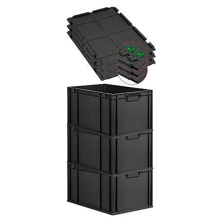 SuperSparSet 3x Eurobox NextGen Grip mit Scharnierdeckel und grünen Schiebeschnappverschlüssen | HxBxT 32x40x60cm | 65 Liter | Schwarz | Griffe geschlossen | Verstärkter Boden | Eurobehälter, Transportbox, Transportbehälter, Stapelbehälter