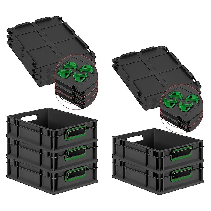 Proregal Euroboxen-Set 5x Eurobox NextGen Color mit Auflagedeckel und Schiebeschnappverschlüsse - L x B x H: 40 x 30 x 12 cm, Kunststoff, Schwarz, Grün, 5 Stk. - Stapelbare, faltbare Euroboxen in Grau mit grünen Details und passenden Deckeln zur effizienten Lagerung und Organisation.