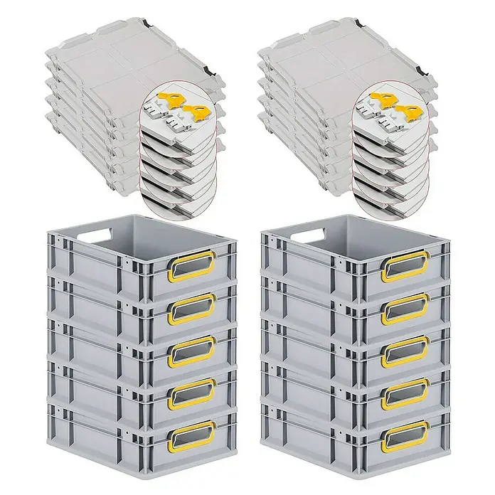 Proregal Euroboxen-Set 10x Eurobox NextGen Color mit Scharnierdeckel und Verschlüssen - L x B x H: 40 x 30 x 12 cm, Kunststoff, Grau, Gelb, 10 Stk. - Das Bild zeigt zwei Stapel grauer Eurobehälter mit gelben Griffen und zwei Stapel dazugehöriger Deckel. Robuste und praktische Lagerlösung.