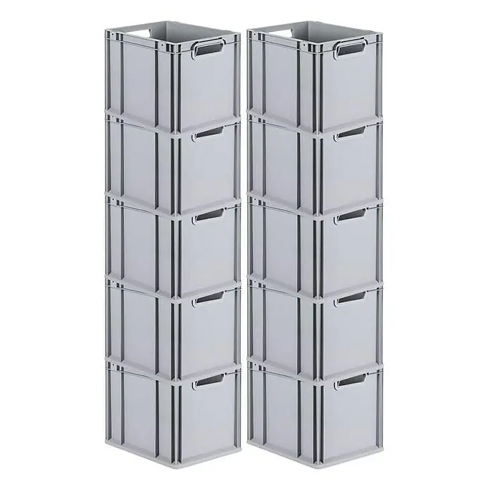 Proregal Euroboxen-Set 10x Eurobox NextGen Economy mit Scharnierdeckel und roten Verschlüssen - Kunststoff, Grau, 10 Stk. - Zwei Stapel grauer Kunststoffboxen, jeweils fünf Boxen hoch, mit Griffen für einfachen Transport und Lagerung.