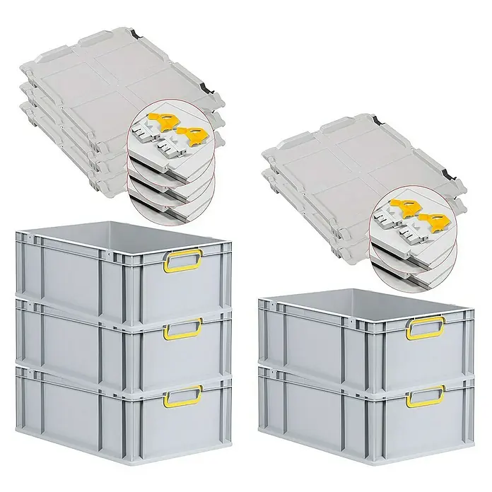 Proregal Euroboxen-Set 5x Eurobox NextGen Color mit Scharnierdeckel und Verschlüssen - L x B x H: 60 x 40 x 22 cm, Kunststoff, Grau, Gelb, 5 Stk. - Graue Lagerkisten mit gelben Griffen und passenden Deckeln, stapelbar und robust für Lagerung und Transport.