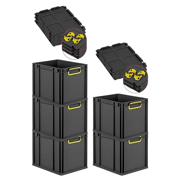 Proregal Euroboxen-Set 5x Eurobox NextGen Color mit Auflagedeckel und Schiebeschnappverschlüsse - Kunststoff, Schwarz, Gelb, 5 Stk. - Schwarze Kunststoffboxen mit gelben Griffen und Deckeln mit gelben Verbindungsstücken, ideal für Lagerung und Organisation.