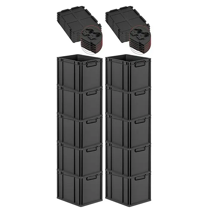 Proregal Euroboxen-Set 10x Eurobox NextGen Color mit Scharnierdeckel und Verschlüssen - Kunststoff, Schwarz, Schwarz, 10 Stk. - Schwarze Euroboxen im Stapel mit passenden Deckeln für eine sichere und praktische Aufbewahrungslösung für verschiedenste Anwendungen.