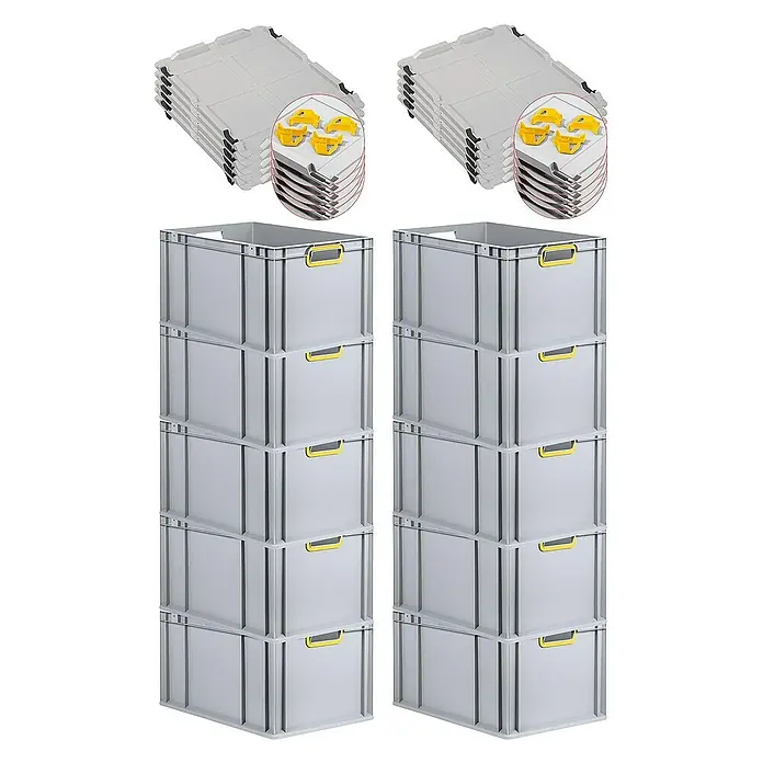 SparSet 10x Eurobox NextGen Color mit Auflagedeckel und Schiebeschnappverschlüsse | HxBxT 32x40x60cm | 65 Liter | Grau | Griffe gelb offen | Verstärkter Boden | Eurobehälter, Transportbox, Transportbehälter, Stapelbehälter -  - Produktfoto von grauen Kunststoffbehältern mit gelben Griffen und dazugehörigen grauen Deckeln mit gelben Verriegelungen.