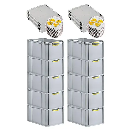 SparSet 10x Eurobox NextGen Color mit Auflagedeckel und Schiebeschnappverschlüsse | HxBxT 32x40x60cm | 65 Liter | Grau | Griffe gelb offen | Verstärkter Boden | Eurobehälter, Transportbox, Transportbehälter, Stapelbehälter