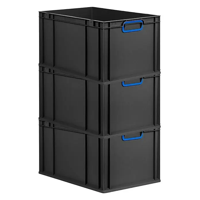 Proregal Euroboxen-Set 3x Eurobox NextGen Color - L x B x H: 60 x 40 x 32 cm, Kunststoff, Schwarz, Blau, 3 Stk. - Drei schwarze Stapelboxen aus Kunststoff mit blauen Griffen, gestapelt für effiziente Lagerung und Organisation.