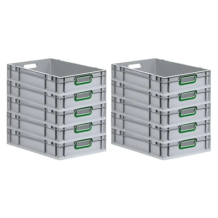 Proregal Euroboxen-Set 10x Eurobox NextGen Color - L x B x H: 60 x 40 x 12 cm, Kunststoff, Grau, Grün, 10 Stk. - Stapel von zwei Säulen grauer Kunststoffbehälter, jeder Turm besteht aus fünf Behältern. Die Behälter verfügen über integrierte Griffe und Etikettenhalter.