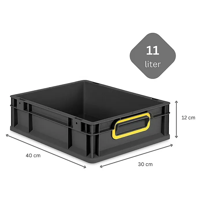 Proregal Euroboxen-Set 10x Eurobox NextGen Color - L x B x H: 40 x 30 x 12 cm, Kunststoff, Schwarz, Gelb, 10 Stk. - Graue 11-Liter-Lagerbox mit gelben Griffen und Größenangaben.