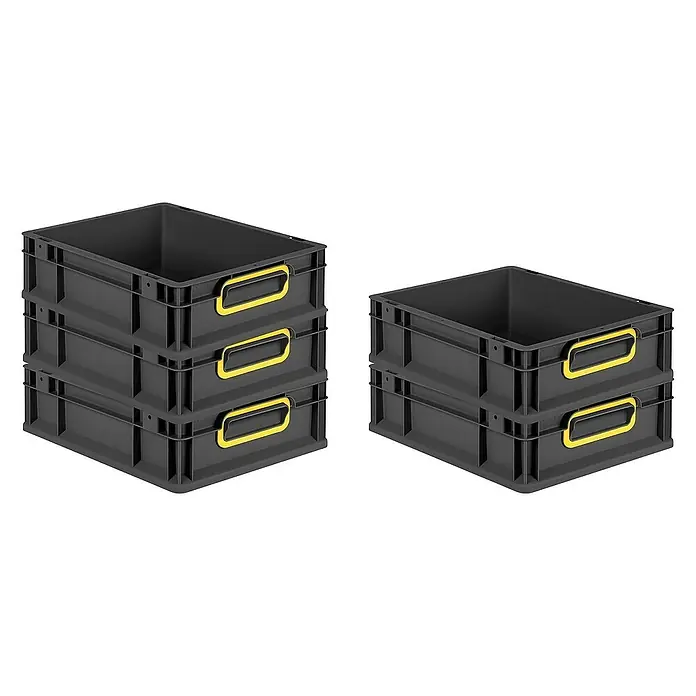 Proregal Euroboxen-Set 10x Eurobox NextGen Color - L x B x H: 40 x 30 x 12 cm, Kunststoff, Schwarz, Gelb, 10 Stk. - Drei und zwei übereinander gestapelte graue Kunststoffboxen mit gelben Griffen. Die Boxen sind ideal zur Lagerung und Organisation.