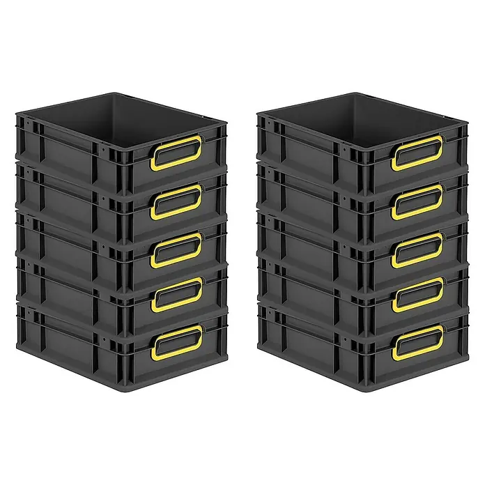 Proregal Euroboxen-Set 10x Eurobox NextGen Color - L x B x H: 40 x 30 x 12 cm, Kunststoff, Schwarz, Gelb, 10 Stk. - Zwei Stapelboxen aus grauem Kunststoff mit gelben Griffen, ideal für Lagerung und Organisation.