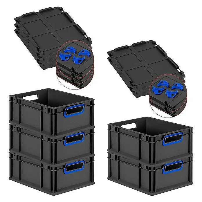 Proregal Euroboxen-Set 5x Eurobox NextGen Color mit Auflagedeckel und Schiebeschnappverschlüsse - L x B x H: 40 x 30 x 17 cm, Kunststoff, Schwarz, Blau, 5 Stk. - Eine Produktansicht von grauen Lagerboxen mit blauen Griffen und passenden faltbaren Deckeln, ideal für die Aufbewahrung.