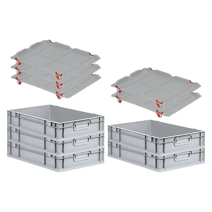 Proregal Euroboxen-Set 5x Eurobox NextGen Economy mit Auflagedeckel und 4x Verschlüsse Rot - L x B x H: 60 x 40 x 12 cm, Kunststoff, Grau, 5 Stk. - Bild von stapelbaren Eurobehältern und Deckeln. Ideal für Lagerung und Transport, robust und vielseitig einsetzbar.