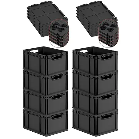 SuperSparSet 8x Eurobox NextGen Grip mit Auflagedeckel inkl. 4 schwarzen Schiebeschnappverschlüssen | HxBxT 22x30x40cm | 20 Liter | Schwarz | Griffe offen | Eurobehälter, Transportbox, Transportbehälter, Stapelbehälter