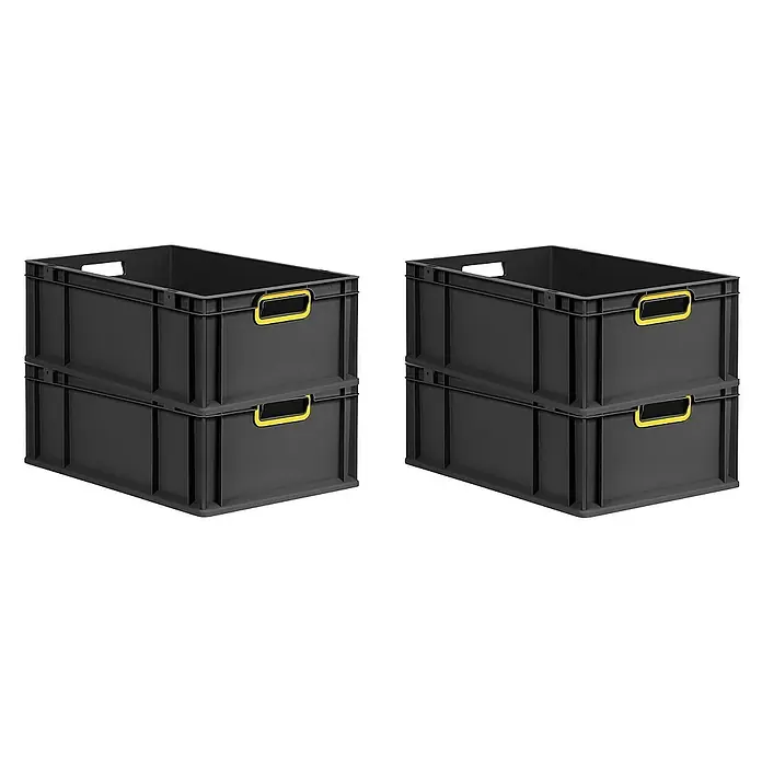 Proregal Euroboxen-Set 4x Eurobox NextGen Color - L x B x H: 60 x 40 x 22 cm, Kunststoff, Schwarz, Gelb, 4 Stk. - Zwei Stapel grauer Kunststoffboxen mit gelben Griffen. Die Boxen sind sauber gestapelt und bereit für die Lagerung oder den Transport.
