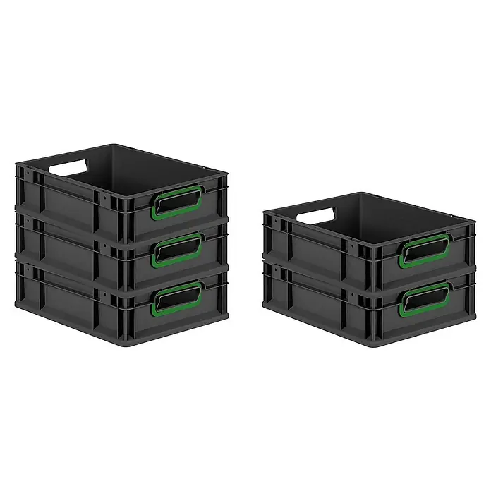 Proregal Euroboxen-Set 5x Eurobox NextGen Color - L x B x H: 40 x 30 x 12 cm, Kunststoff, Schwarz, Grün, 5 Stk. - Graue Eurobehälter mit grünen Griffen, einmal als Stapel aus drei Boxen und einmal als Stapel aus zwei Boxen dargestellt.