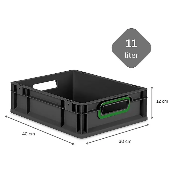 Proregal Euroboxen-Set 5x Eurobox NextGen Color - L x B x H: 40 x 30 x 12 cm, Kunststoff, Schwarz, Grün, 5 Stk. - Graue 11-Liter-Kunststoffbox mit grünen Griffen. Die Maße sind 40 cm Länge, 30 cm Breite und 12 cm Höhe. Praktisch für Lagerung.