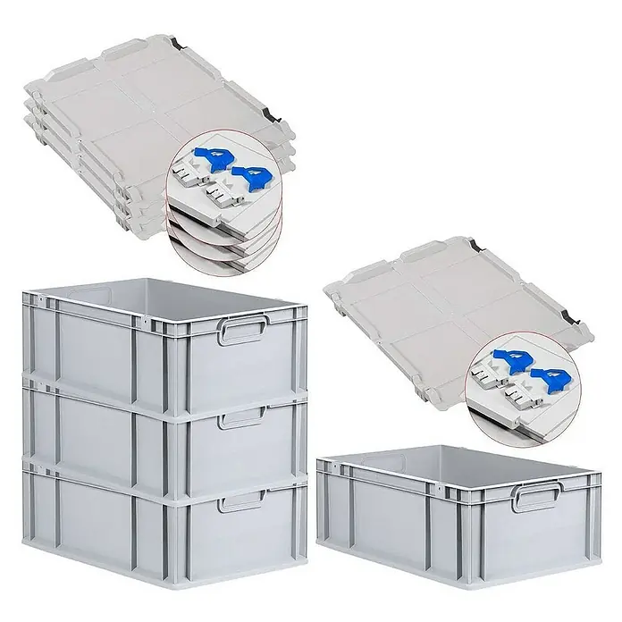 Proregal Euroboxen-Set 4x Eurobox NextGen Grip mit Scharnierdeckel und blauen Verschlüssen - L x B x H: 60 x 40 x 22 cm, Kunststoff, Grau, 4 Stk. - Bild von stapelbaren Kunststoffboxen und -deckeln mit blauen Verschlüssen, die für Lagerung und Transport ideal sind.