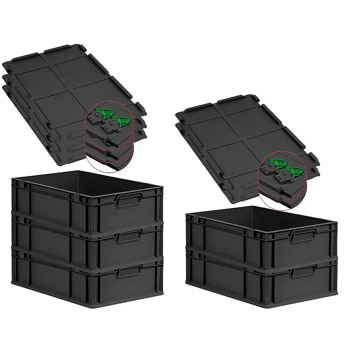 SuperSparSet 5x Eurobox NextGen Grip mit Scharnierdeckel und grünen Schiebeschnappverschlüssen | HxBxT 17x40x60cm | 34 Liter | Schwarz | Griffe geschlossen | Eurobehälter, Transportbox, Transportbehälter, Stapelbehälter -  - Schwarze Kunststoffbehälter mit Deckeln gestapelt für Lagerung & Organisation. Robust und vielseitig einsetzbar.