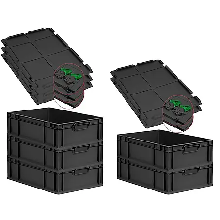 SuperSparSet 5x Eurobox NextGen Grip mit Scharnierdeckel und grünen Schiebeschnappverschlüssen | HxBxT 17x40x60cm | 34 Liter | Schwarz | Griffe geschlossen | Eurobehälter, Transportbox, Transportbehälter, Stapelbehälter