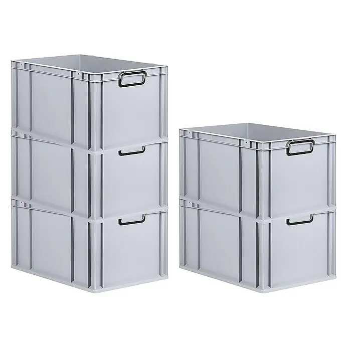 Proregal Euroboxen-Set 5x Eurobox NextGen Color - L x B x H: 60 x 40 x 32 cm, Kunststoff, Grau, Schwarz, 5 Stk. - Zwei Stapel grauer Kunststoffkisten, ein Stapel mit drei und ein Stapel mit zwei Kisten, die sich für die Lagerung eignen.
