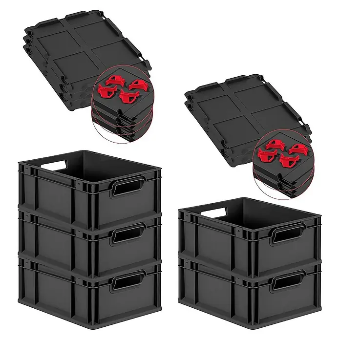 SuperSparSet 5x Eurobox NextGen Grip mit Scharnierdeckel und roten Schiebeschnappverschlüssen | HxBxT 17x30x40cm | 16 Liter | Schwarz | Griffe offen | Eurobehälter, Transportbox, Transportbehälter, Stapelbehälter -  - Drei schwarze Stapelboxen und zwei Stapel schwarzer Deckel mit roten Befestigungen, ideal für Lagerung und Transport.