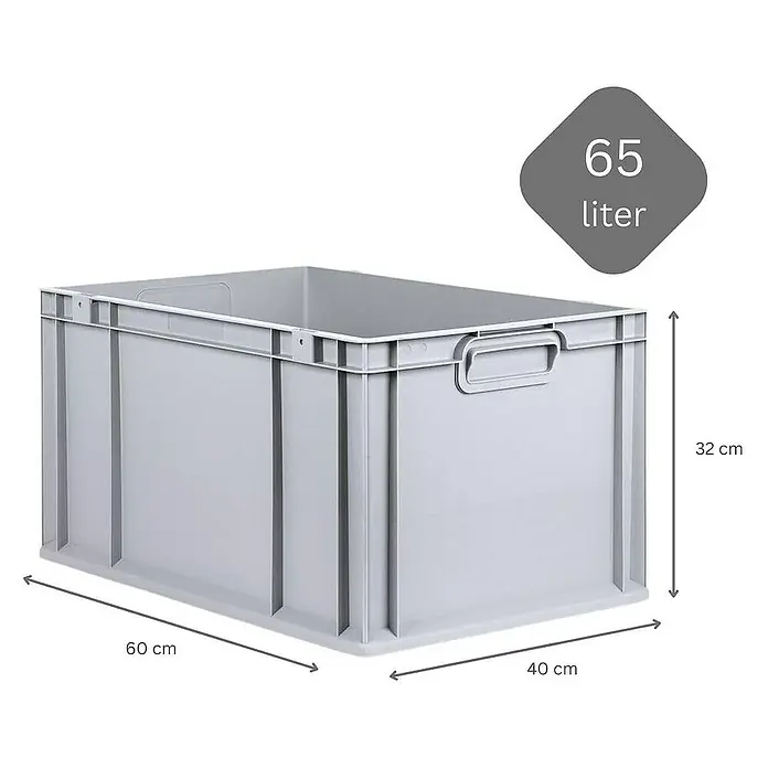 Proregal Euroboxen-Set 5x Eurobox NextGen Economy mit Auflagedeckel und 4x Verschlüsse Gelb - L x B x H: 60 x 40 x 32 cm, Kunststoff, Grau, 5 Stk. - Graue Kunststoffbox mit den Maßen 60 cm x 40 cm x 32 cm und einem Volumen von 65 Litern zur Aufbewahrung und zum Transport von Gegenständen.