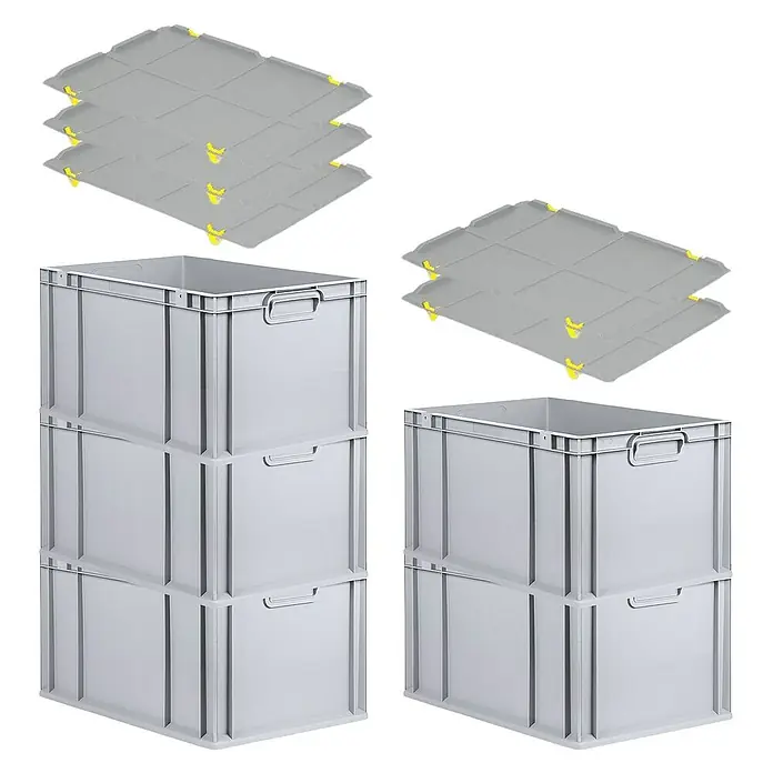 Proregal Euroboxen-Set 5x Eurobox NextGen Economy mit Auflagedeckel und 4x Verschlüsse Gelb - L x B x H: 60 x 40 x 32 cm, Kunststoff, Grau, 5 Stk. - Graue Eurobehälter mit Deckeln, die sich perfekt für Lagerung und Transport eignen. Die robusten Boxen sind stapelbar und vielseitig einsetzbar.