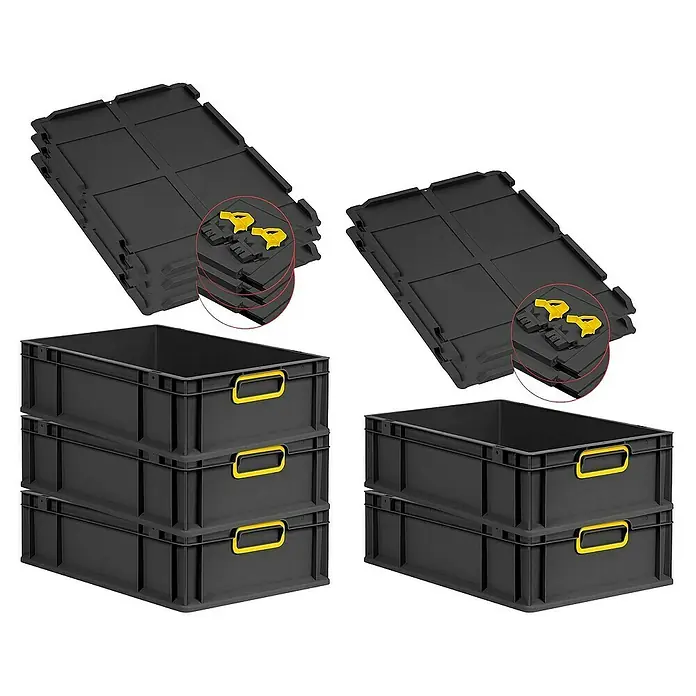Proregal Euroboxen-Set 5x Eurobox NextGen Color mit Scharnierdeckel und Verschlüssen - L x B x H: 60 x 40 x 17 cm, Kunststoff, Schwarz, Gelb, 5 Stk. - Stapelbare, schwarze Eurobehälter mit gelben Griffen und Deckeln im Set. Ideal für Lagerung und Transport.
